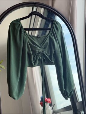SHEIN Dark Green Ruched Long-Sleeve Crop Top